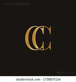 Initial Gold letters cc linked monogram logo vector. Business logo monogram with two overlap letters inside circle isolated on black background.
