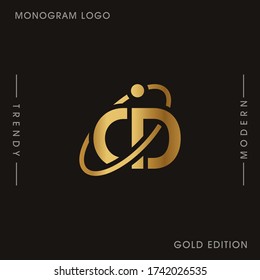 Initial Gold letters CD linked monogram logo vector. Business logo monogram two overlap letters inside circle isolated on black background.