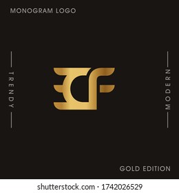 Initial Gold letters CF linked monogram logo vector. Business logo monogram two overlap letters inside circle isolated on black background.