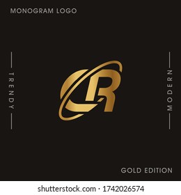 Initial Gold letters CR linked monogram logo vector. Business logo monogram two overlap letters inside circle isolated on black background.