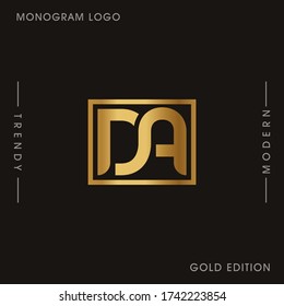 Initial Gold letters DA linked monogram logo vector. Business logo monogram two overlap letters inside circle isolated on black background.