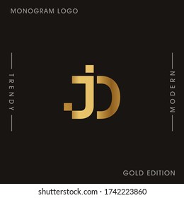 Initial Gold Buchstaben DJ verlinkte monogramm Logo Vektor. Firmenlogo Monogramm zwei überschneidende Buchstaben innerhalb eines Kreises isoliert auf schwarzem Hintergrund.
