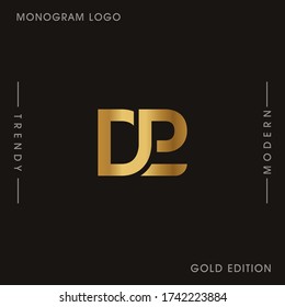 Ursprüngliche Gold Buchstaben DP verlinkte Monogramm Logo Vektor. Firmenlogo Monogramm zwei überschneidende Buchstaben innerhalb eines Kreises isoliert auf schwarzem Hintergrund.