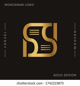 Initial Gold letters DS linked monogram logo vector. Business logo monogram two overlap letters inside circle isolated on black background.