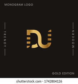 Letras Gold iniciales del vector del logotipo del monograma vinculado de DU. Monograma del logotipo de negocios dos letras superpuestas dentro del círculo aislado en el fondo negro.