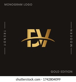 Letras doradas iniciales Vector de logotipo de monograma ligado a DV. Monograma del logotipo de negocios dos letras superpuestas dentro del círculo aislado en el fondo negro.