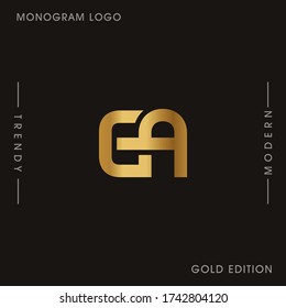 Initial Gold letters EA linked monogram logo vector. Business logo monogram two overlap letters inside circle isolated on black background.