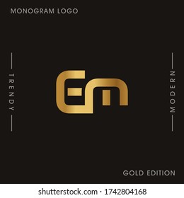 Initial Gold letters EM linked monogram logo vector. Business logo monogram two overlap letters inside circle isolated on black background.