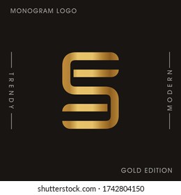 Initial Gold letters ES linked monogram logo vector. Business logo monogram two overlap letters inside circle isolated on black background.