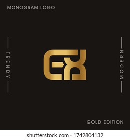 Initial Gold letters EX linked monogram logo vector. Business logo monogram two overlap letters inside circle isolated on black background.