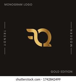 Initial Gold letters FQ linked monogram logo vector. Business logo monogram two overlap letters inside circle isolated on black background.