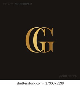 Initial Gold letters gg linked monogram logo vector. Business logo monogram with two overlap letters inside circle isolated on black background.