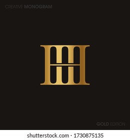 Initial Gold letters hh linked monogram logo vector. Business logo monogram with two overlap letters inside circle isolated on black background.