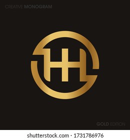 Ursprüngliche Gold Buchstaben mit verlinktem Logo-Vektor. Firmenlogo-Monogramm mit zwei überlappenden Buchstaben im Kreis isoliert auf schwarzem Hintergrund.