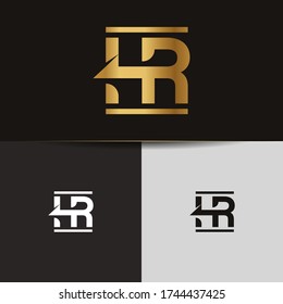 Initial Gold letters HR linked monogram logo vector. Business logo monogram two overlap letters inside circle isolated on black background.