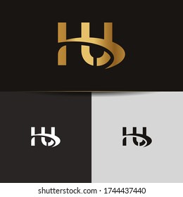 Initial Gold letters HU linked monogram logo vector. Business logo monogram two overlap letters inside circle isolated on black background.