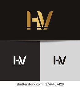 Initial Gold letters HV linked monogram logo vector. Business logo monogram two overlap letters inside circle isolated on black background.