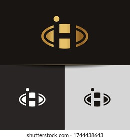 Initial Gold letters IH linked monogram logo vector. Business logo monogram two overlap letters inside circle isolated on black background.