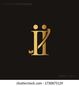 Initial Gold letters ii linked monogram logo vector. Business logo monogram with two overlap letters inside circle isolated on black background.