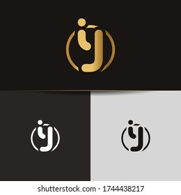 Initial Gold letters IJ linked monogram logo vector. Business logo monogram two overlap letters inside circle isolated on black background.