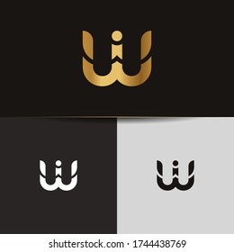 Letras doradas iniciales vectorial del logotipo del monograma vinculado IW. Monograma del logotipo de negocios dos letras superpuestas dentro del círculo aislado en el fondo negro.