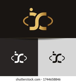 Initial Gold letters JC linked monogram logo vector. Business logo monogram two overlap letters inside circle isolated on black background.