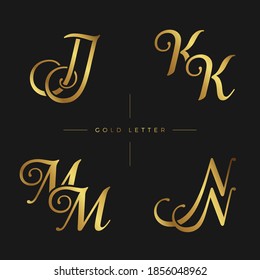 Initial Gold letters jj kk mm nn linked monogram logo vector. Business logo monogram with two overlap letters isolated on black background.