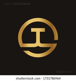 Initial Gold letters jj linked monogram logo vector. Business logo monogram with two overlap letters inside circle isolated on black background.