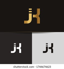 Initial Gold letters JK linked monogram logo vector. Business logo monogram two overlap letters inside circle isolated on black background.