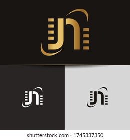 Initial Gold letters JN linked monogram logo vector. Business logo monogram two overlap letters inside circle isolated on black background.