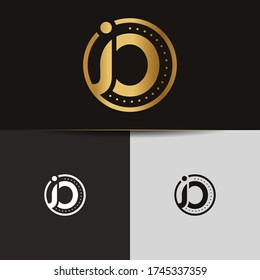 Initial Gold letters JO linked monogram logo vector. Business logo monogram two overlap letters inside circle isolated on black background.