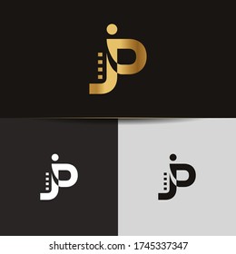 Initial Gold letters JP linked monogram logo vector. Business logo monogram two overlap letters inside circle isolated on black background.