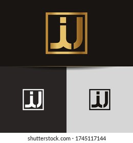 Initial Gold letters JU linked monogram logo vector. Business logo monogram two overlap letters inside circle isolated on black background.