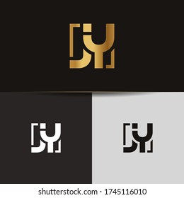 Initial Gold Buchstaben JY verlinkte Monogramm Logo Vektor. Firmenlogo Monogramm zwei überschneidende Buchstaben innerhalb eines Kreises isoliert auf schwarzem Hintergrund.