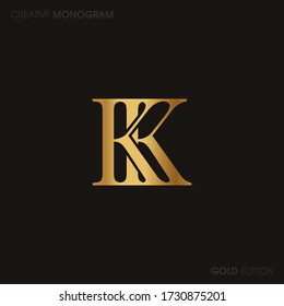 Initial Gold letters kk linked monogram logo vector. Business logo monogram with two overlap letters inside circle isolated on black background.