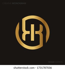Initial Gold letters kk linked monogram logo vector. Business logo monogram with two overlap letters inside circle isolated on black background.
