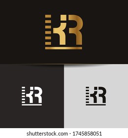 Initial Gold letters KR linked monogram logo vector. Business logo monogram two overlap letters inside circle isolated on black background.