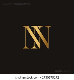 Initial Gold letters nn linked monogram logo vector. Business logo monogram with two overlap letters inside circle isolated on black background.