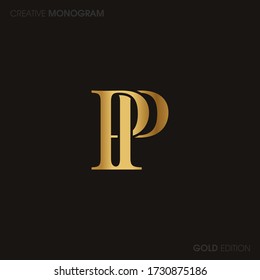 Initial Gold letters pp linked monogram logo vector. Business logo monogram with two overlap letters inside circle isolated on black background.