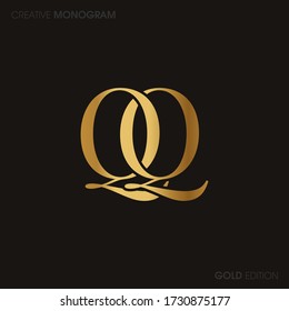 Initial Gold letters qq linked monogram logo vector. Business logo monogram with two overlap letters inside circle isolated on black background.