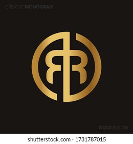 Initial Gold letters rr linked monogram logo vector. Business logo monogram with two overlap letters inside circle isolated on black background.