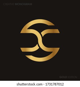 Initial Gold letters ss linked monogram logo vector. Business logo monogram with two overlap letters inside circle isolated on black background.