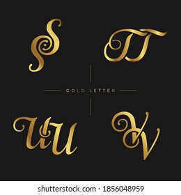 Initial Gold letters ss tt uu vv linked monogram logo vector. Business logo monogram with two overlap letters isolated on black background.