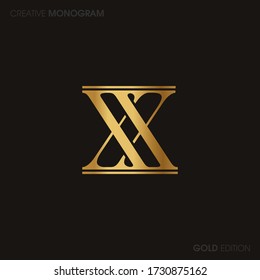 Initial Gold letters xx linked monogram logo vector. Business logo monogram with two overlap letters inside circle isolated on black background.