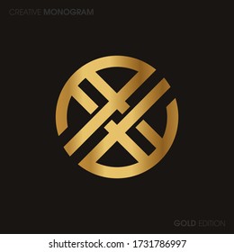 Initial Gold letters xx linked monogram logo vector. Business logo monogram with two overlap letters inside circle isolated on black background.