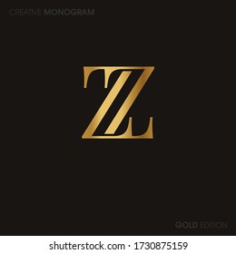 Letras Gold iniciales zz enlazadas con el vector del logotipo del monograma. Monograma del logotipo de negocios con dos letras superpuestas dentro del círculo aislado en el fondo negro.