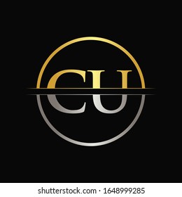 Initial Gold and Silver Color CU Letter Logo Typography Vector Template. Creative Abstract Letter CU Logo Design
