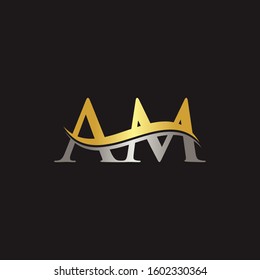 Initial Gold And Silver letter AM Logo Design with black Background. AM Logo Design.