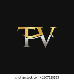 Initial Gold And Silver letter TV Logo Design with black Background. TV Logo Design