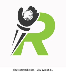 Initial Golf Logo On Letter R Concept With Hand And Golf Ball Symbol Vector And Template